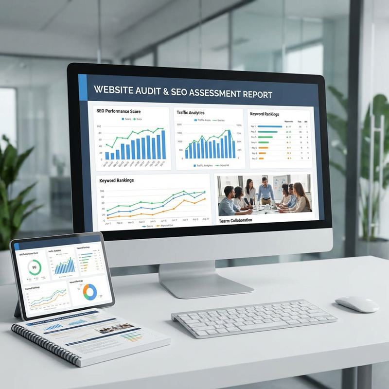 A website audit and SEO assessment report on a desktop monitor
