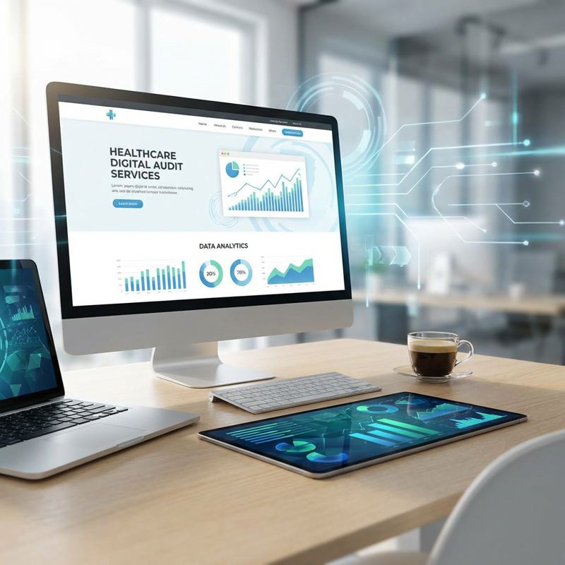 Healthcare practice dashboard with scheduling and analytics on a desktop monitor and tablet